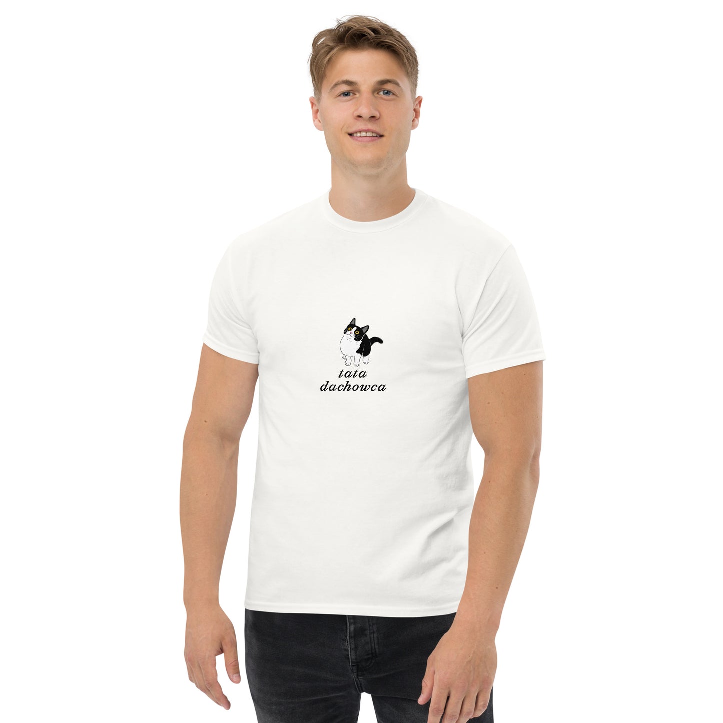 T-shirt męski "tata dachowca", biały, prezent dla kociarza 2