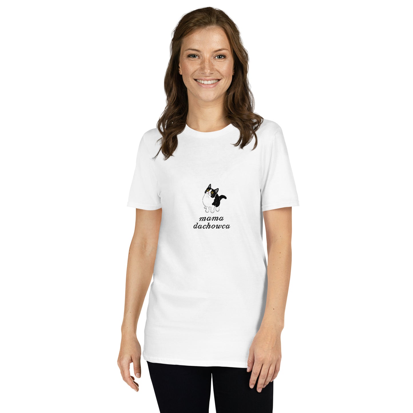 T-Shirt damski, "mama dachowca", biały, prezent dla kociary 3