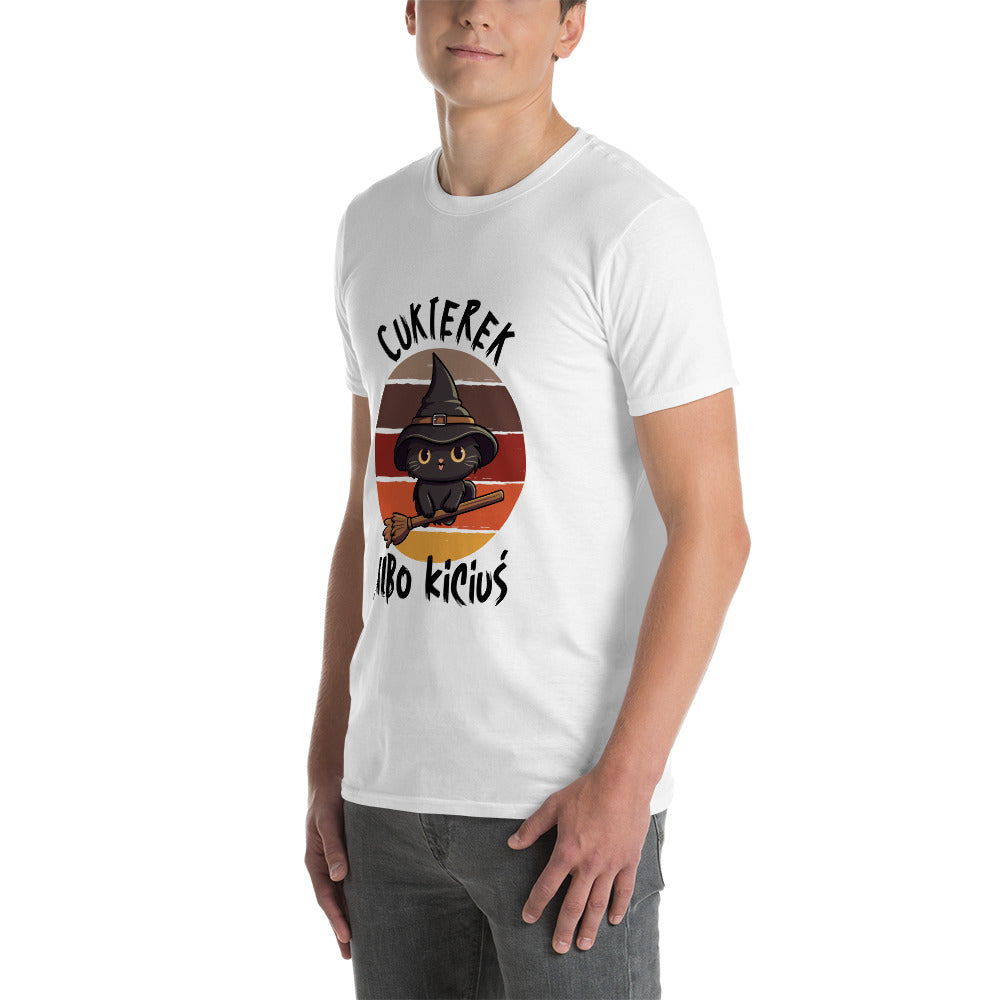 prezent dla kociarza t-shirt cukierek albo kiciuś  biały bok