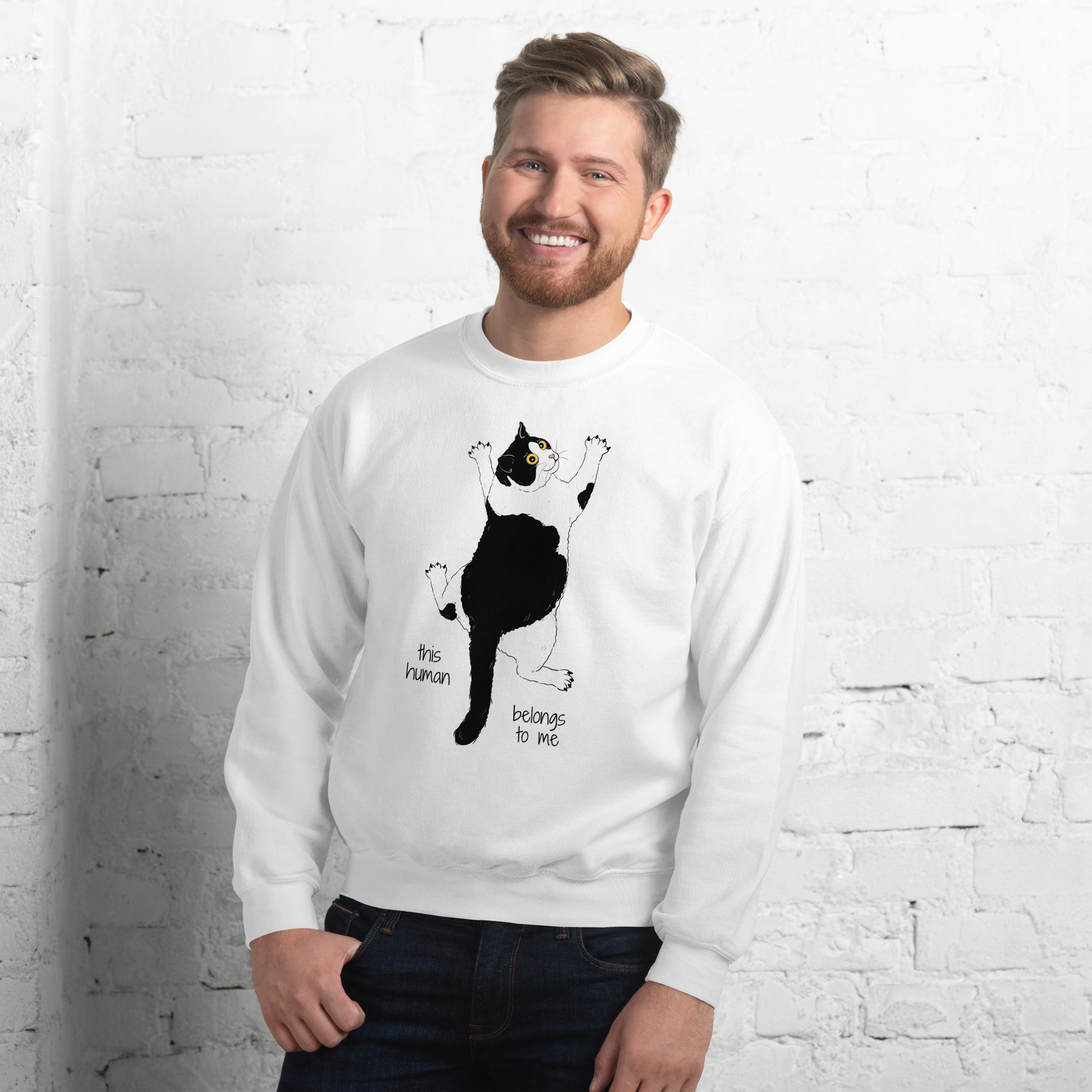 bluza męska bluza z kotem human belongs biały